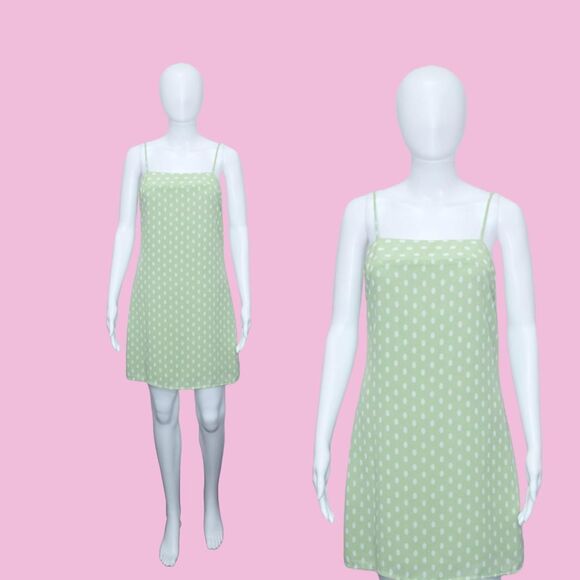 Y2K. ESPRIT DE CORP. Green & White. Polka Dot Dress wiButton Keyhole Back. XS-S - Picture 1 of 10